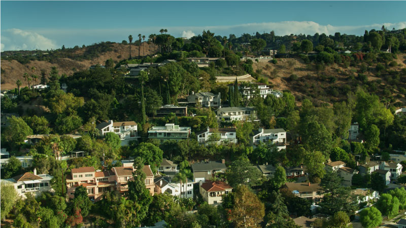 Aerial view of the Sherman Oaks neighborhood in L.A. Homes are built into the hills and there are large, mature trees surrounding the homes.