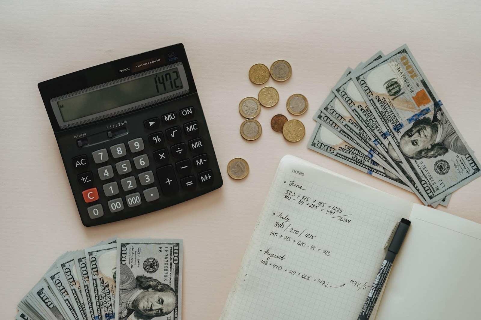 Cash and a calculator laid out by a ledger