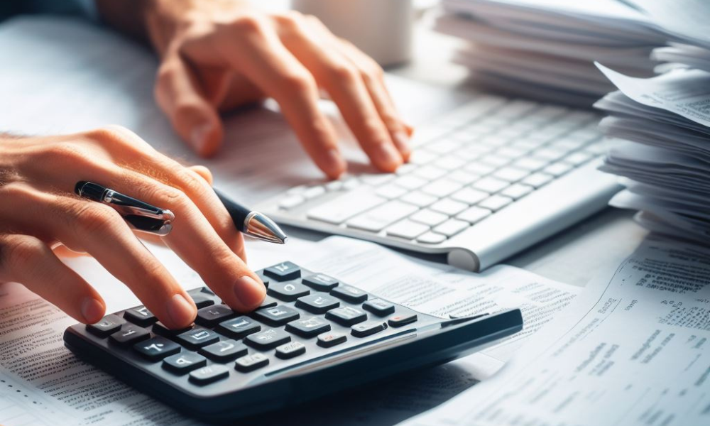 tax file, calculator hand audit account