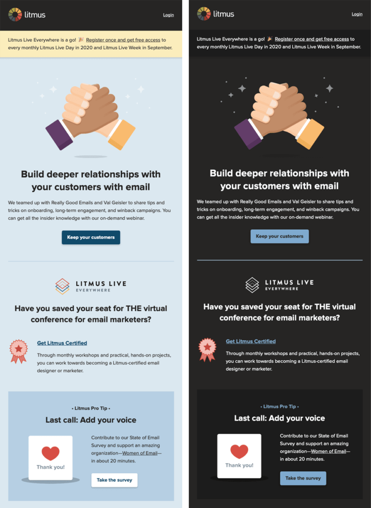 Two similar Litmus promotional emails side by side, offering resources for email marketers