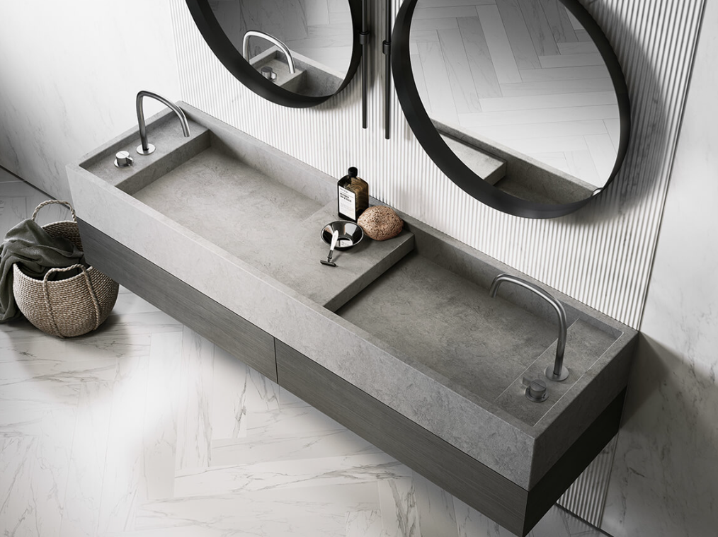 basin in dark gray luxury bathroom with minimalist design