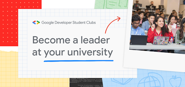 대학에서 리더가 되세요'라는 텍스트와 그 위에 'Google 개발자 학생 클럽'이 표시된 학생들의 사진.