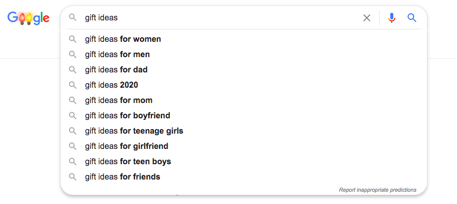 Gift ideas Google search suggestions.