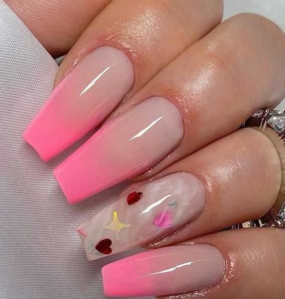 Stars and Hearts Long Stiletto pink ombre nail 