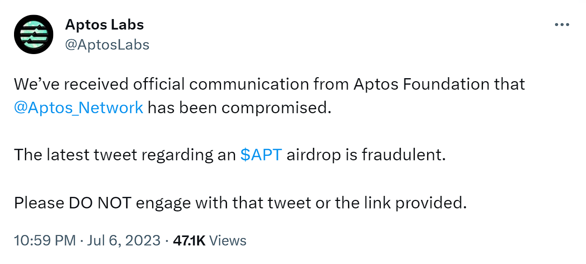 Unknown people hacked Twitter Aptos to promote fake airdrop
