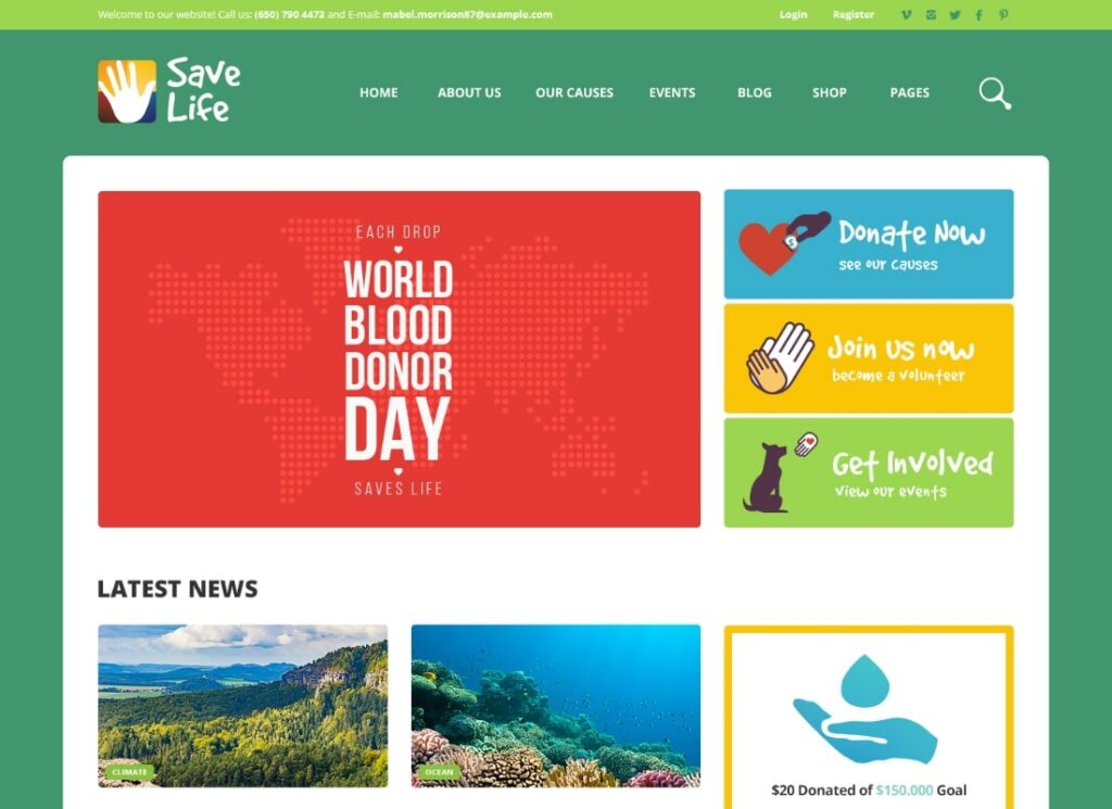 Salvar la vida |  Tema de WordPress para organizaciones sin fines de lucro, caridad y donaciones