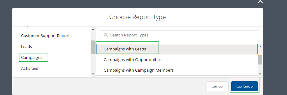 Choosing the Report Type as Campaign Leads