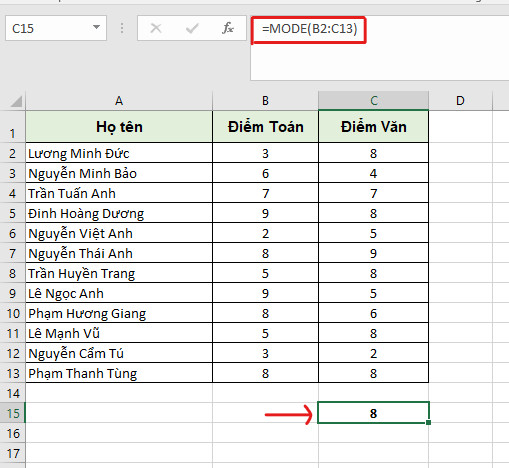 hàm mode trong excel