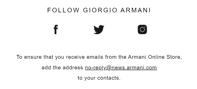 Logos of social media platforms on Armani’s marketing email