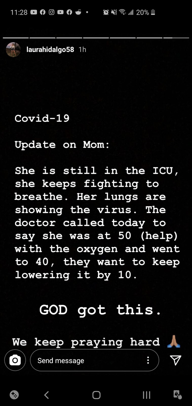 One of the many updates of our Houston Millennial friend about her mom's coronavirus case