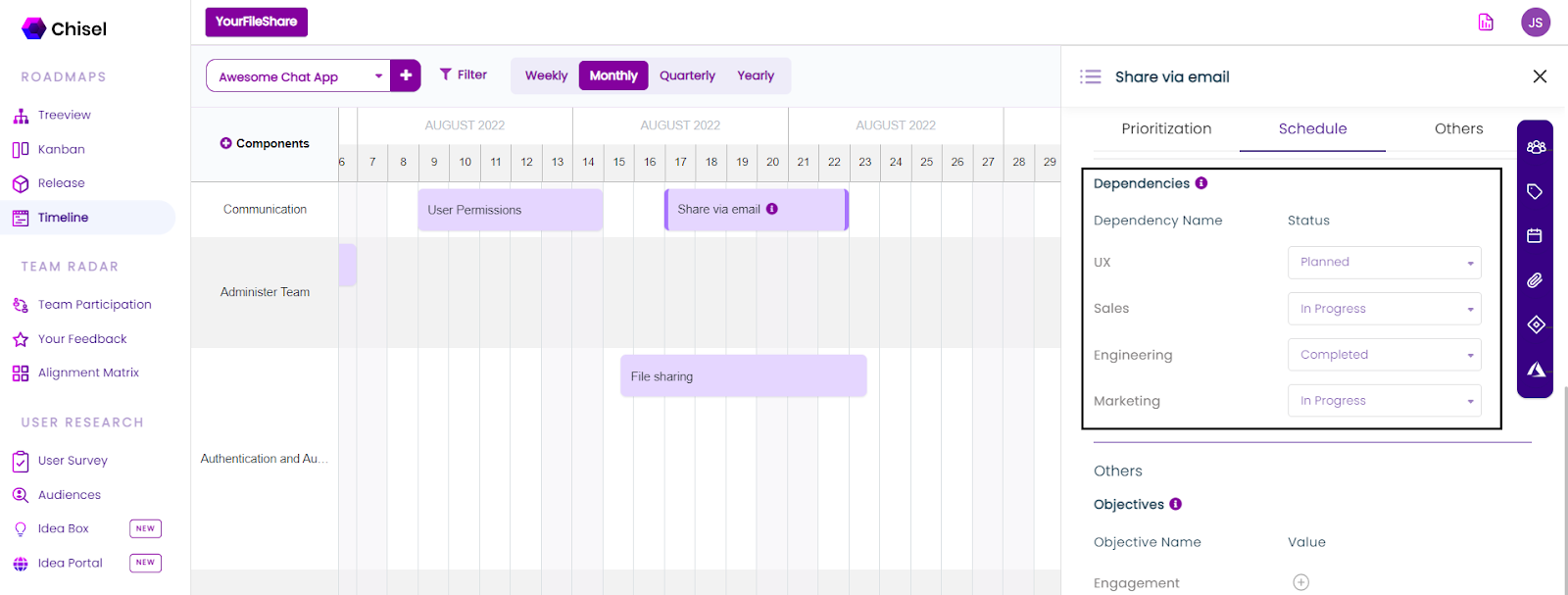 Dependencies in the Gantt chart