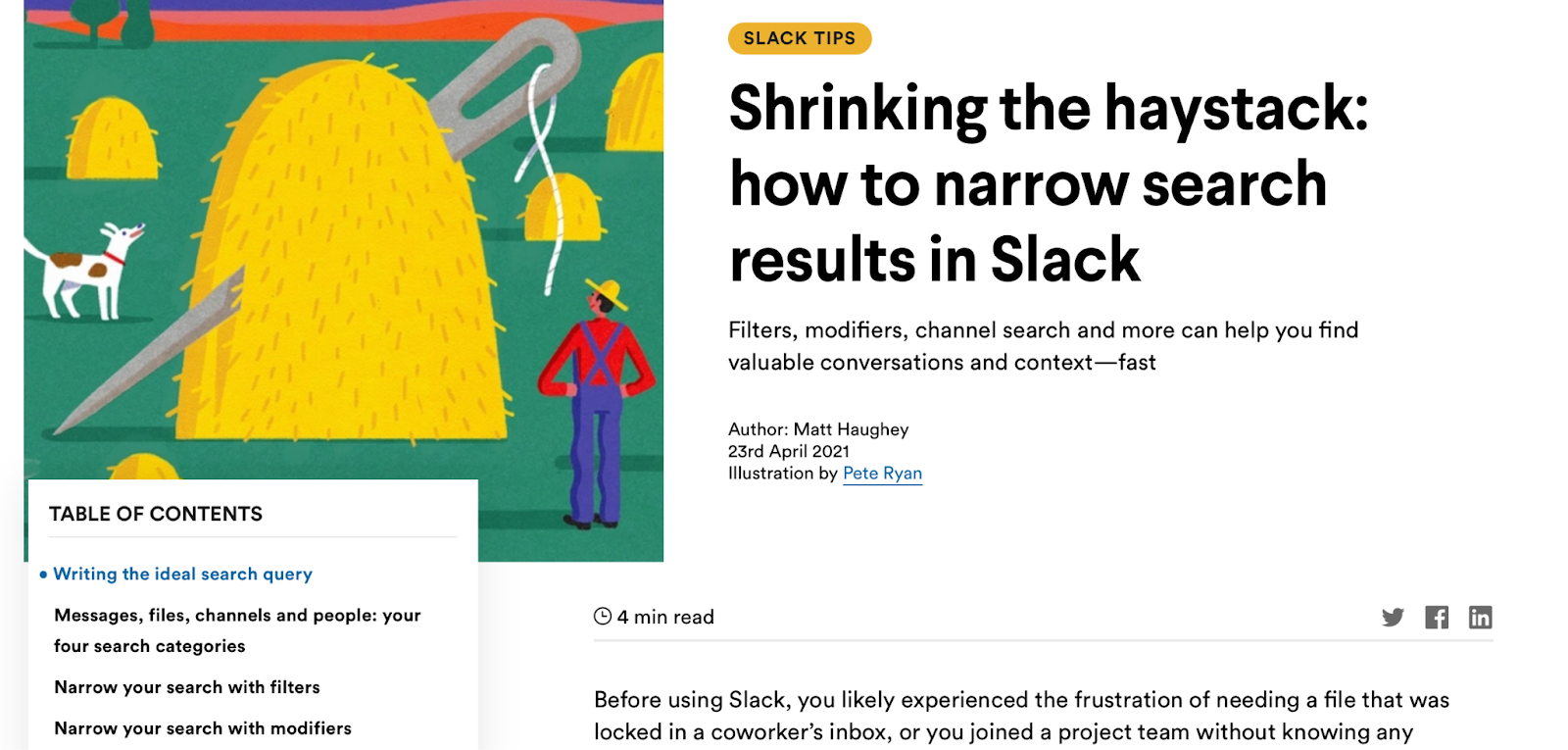 An image of an article on Slack's knowledge base.