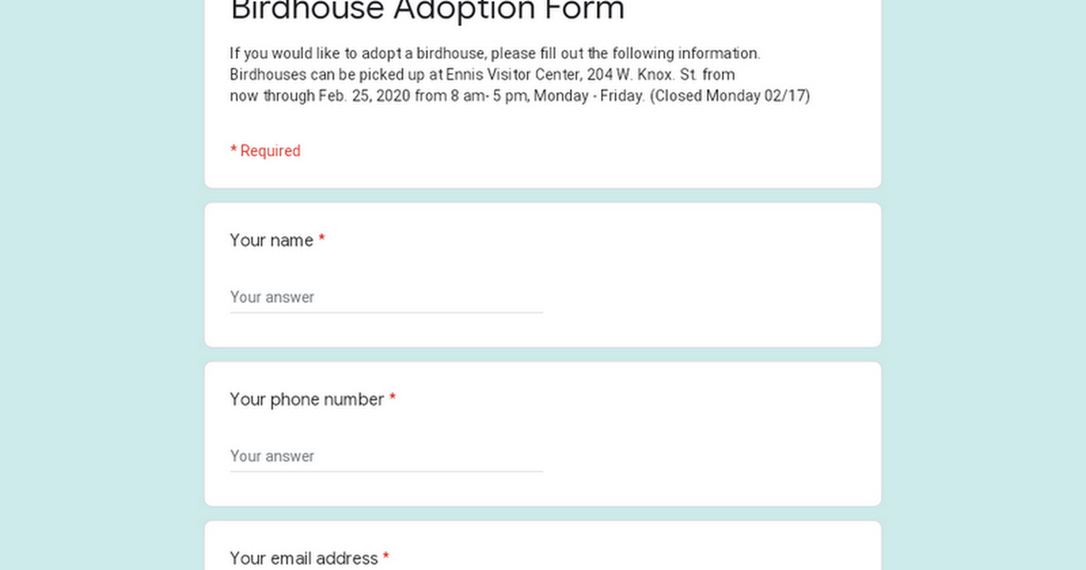 Birdhouse Adoption Form