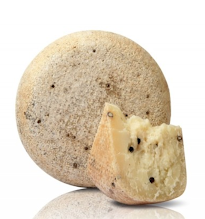 This pecorino is cured for at least 6 months. Intense aroma and spiced taste. The cheese it in full of black pepper grains inside. 