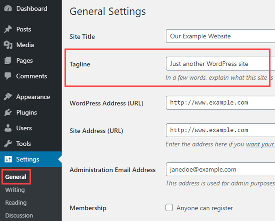 Alterando seu slogan em Configurações - Geral no WordPress