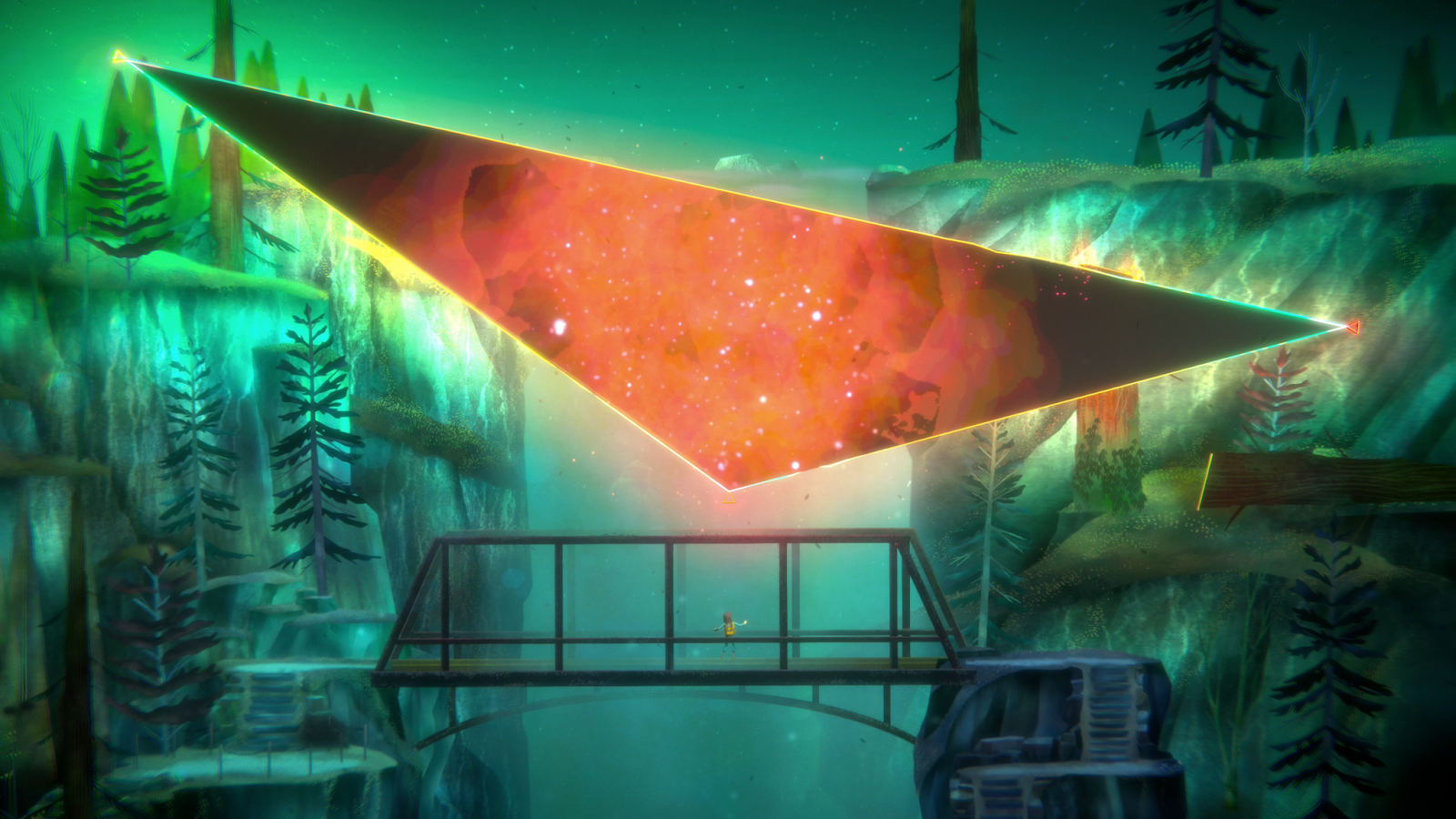 A mysterious portal opening in the sky above a bridge in Oxenfree II: Lost Signals.