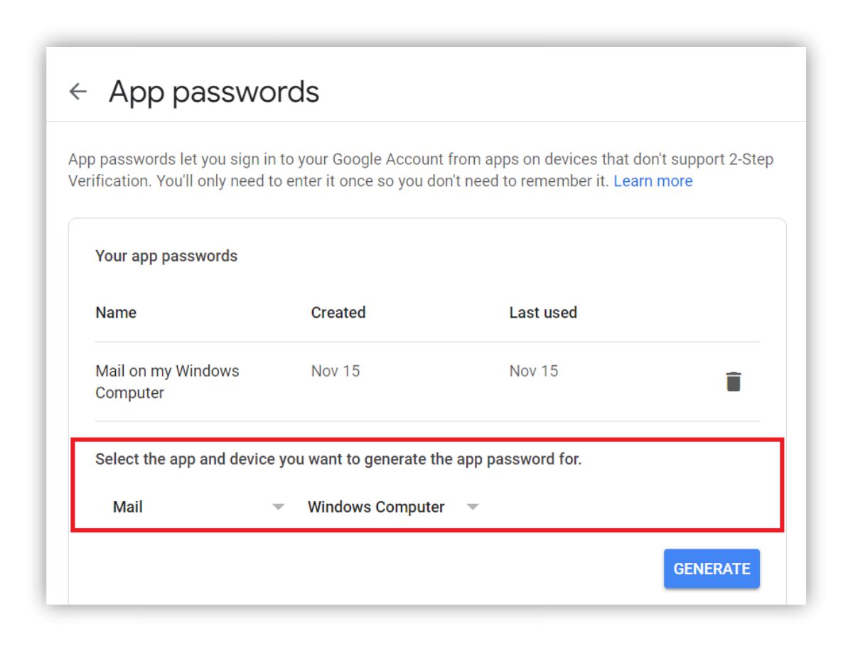 A screenshot of the Google Account settings page, with the "App passwords" tab visible. A form is shown where the user can enter their account password and specify the application for which they want to generate a password.