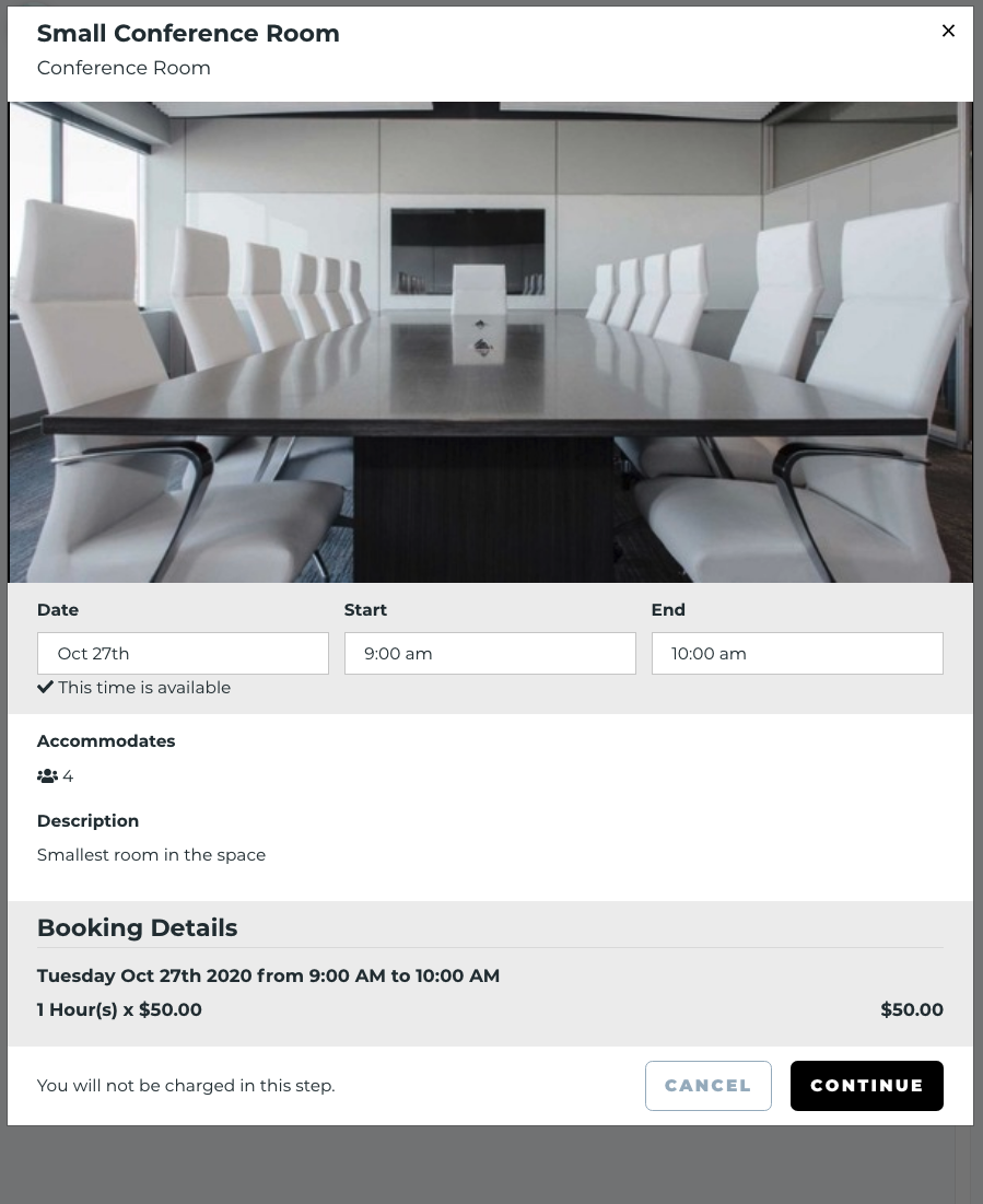 Screenshot of Coworks coworking software room booking form
