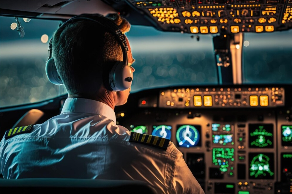pilot inside cockpit of plane in headphones