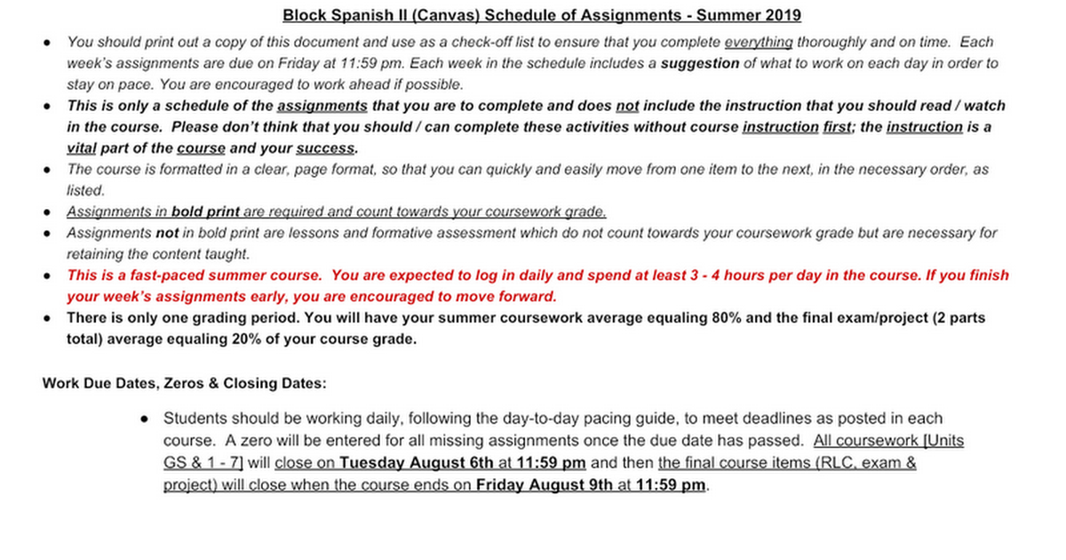 Spanish 2 Schedule of Assignments - Canvas - Summer 2019