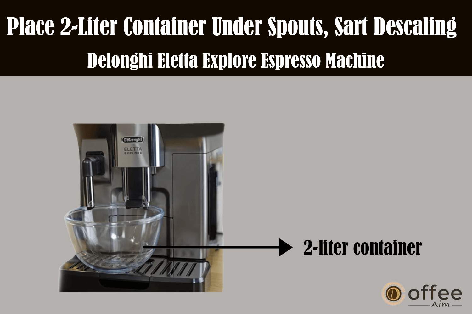 The image instructs the placement of a 2-liter container under the spouts and initiating the descaling process for the 