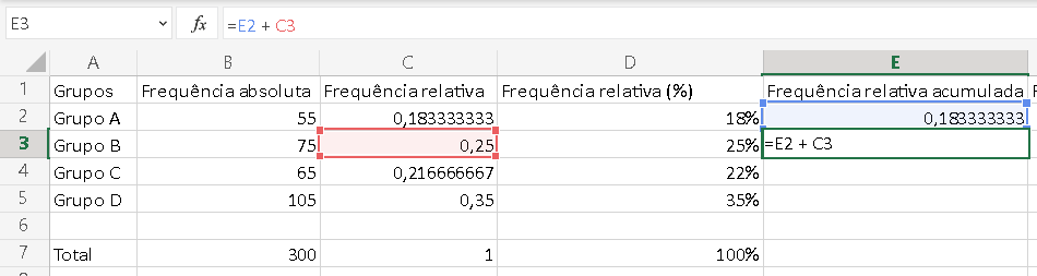 Criando a fórmula da frequência acumulada a partir da segunda linha