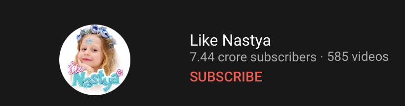 nastya's youtube profile with 7.44 crore subscribers