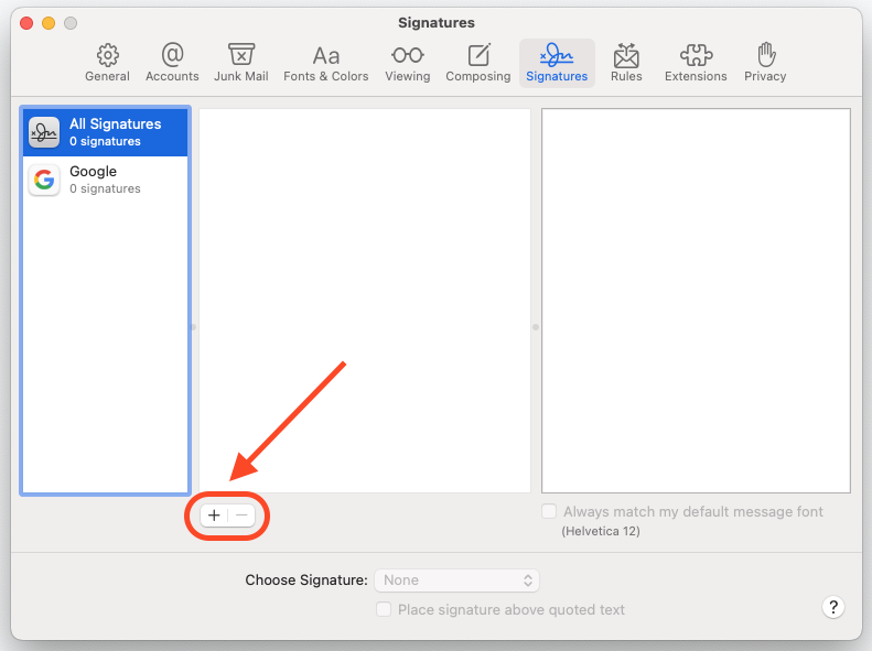 Review Signatures section of Settings and click the "+" button