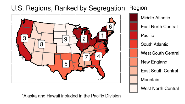 Map showing US regions ranked by segregation