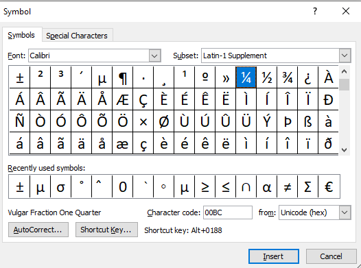 searching for One-fourth symbol using character code