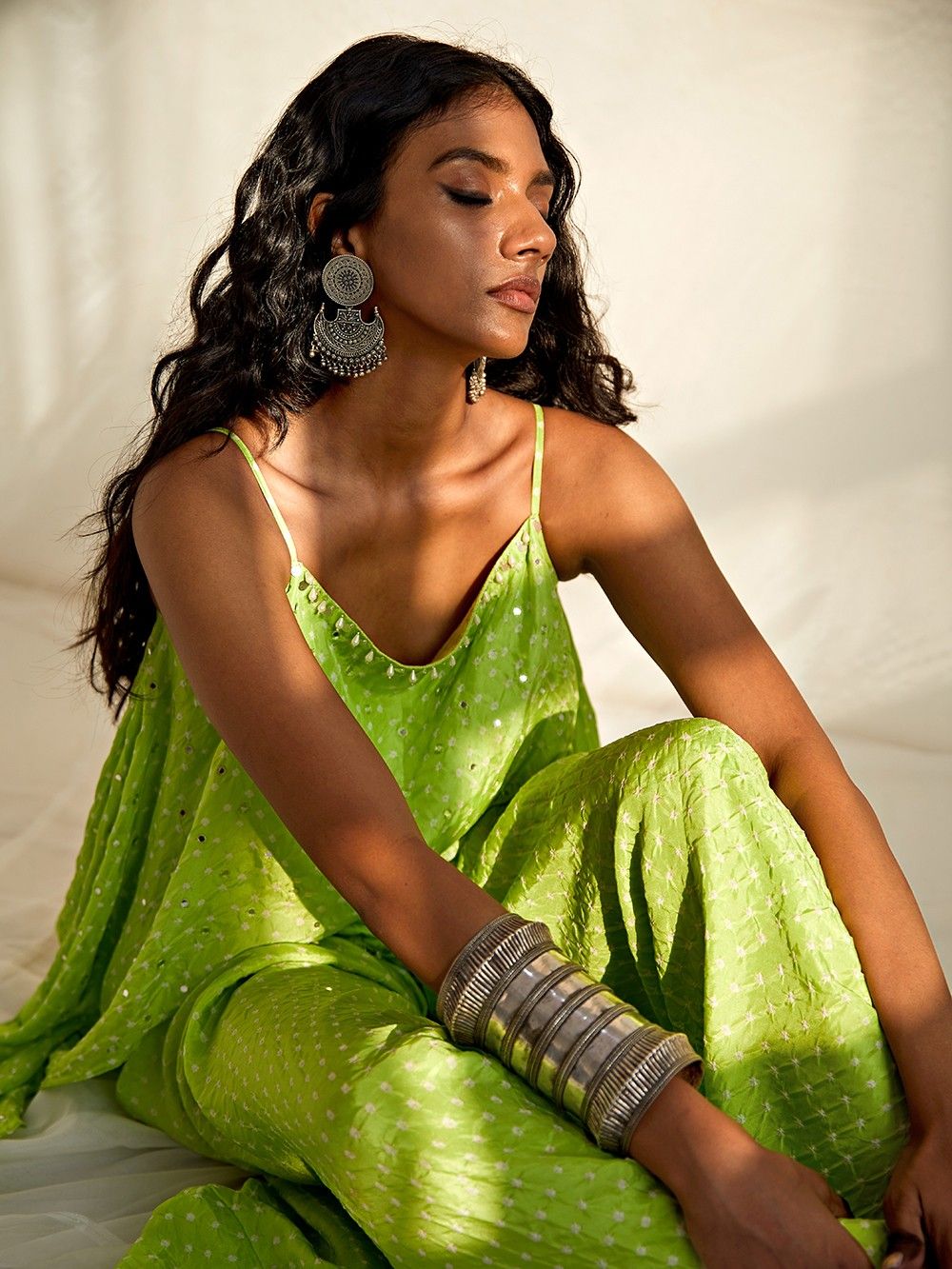 the loom - Lime Green Bandhani Silk Mirror Work Top