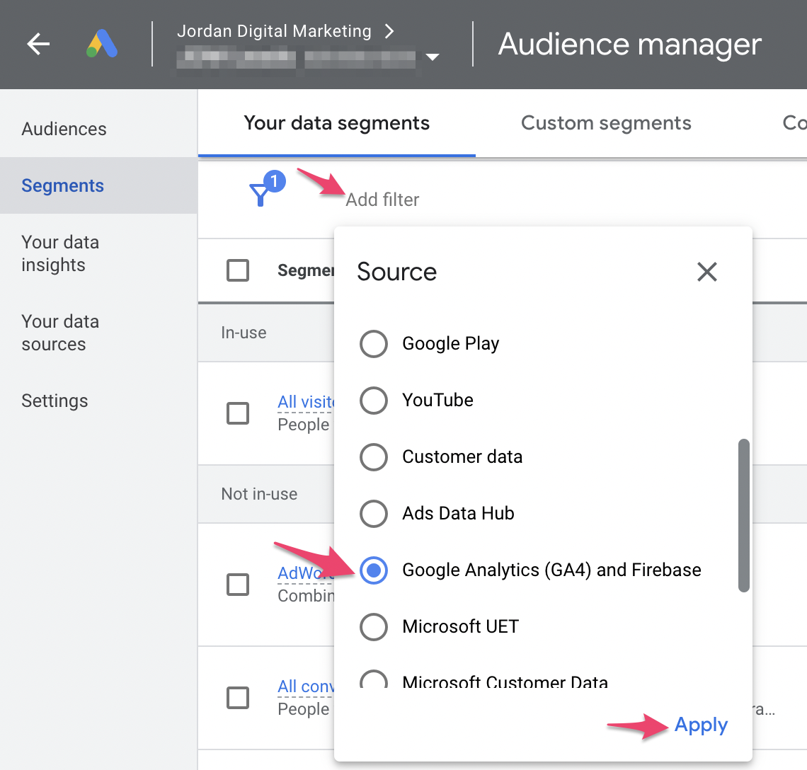 Select the filter Source - Google Analytics (GA4) and Firebase, and click Apply.