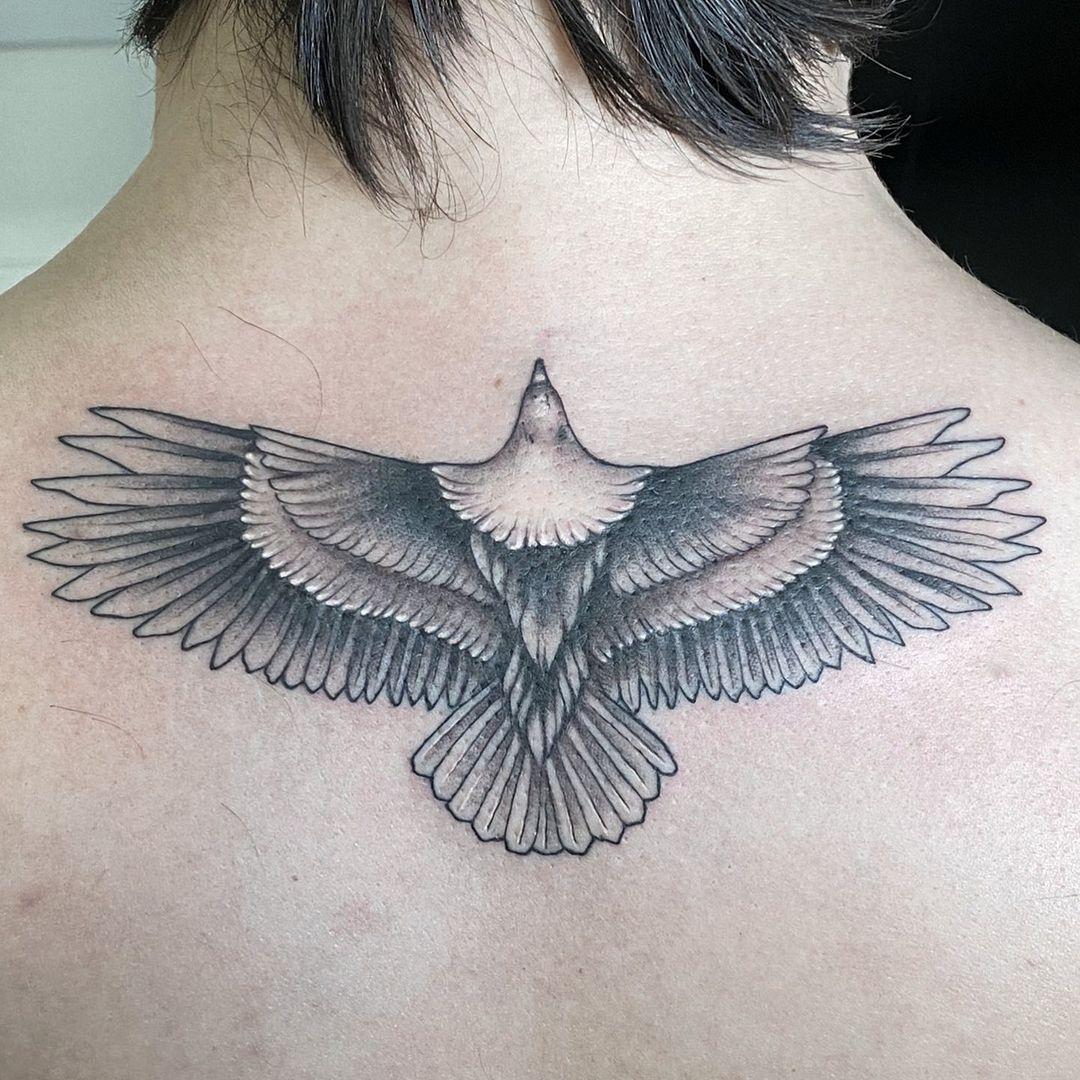 Fine Line Small Eagle Back Tattoo