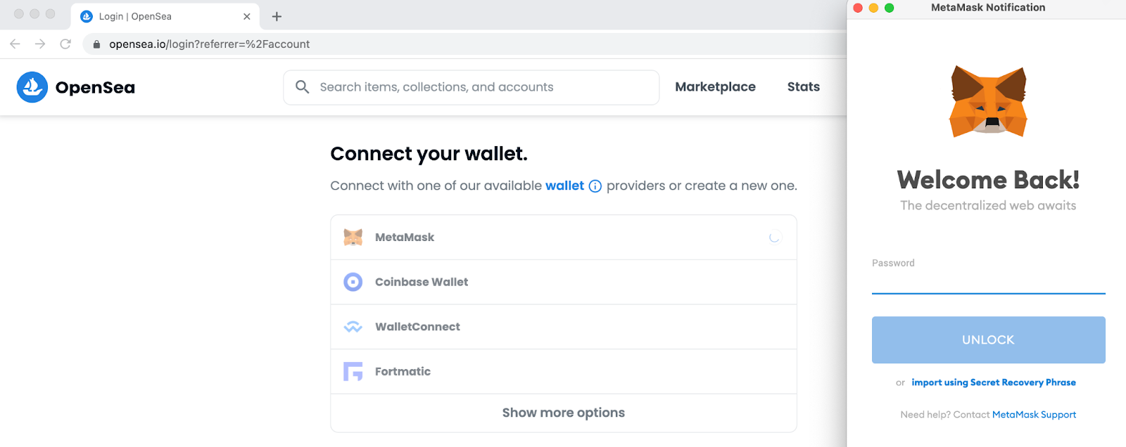 A screenshot of OpenSea’s different options to connect your Ethereum wallet.