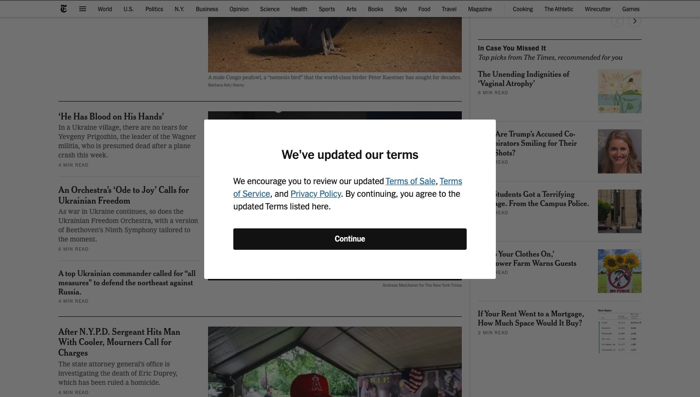 popup on new york times website