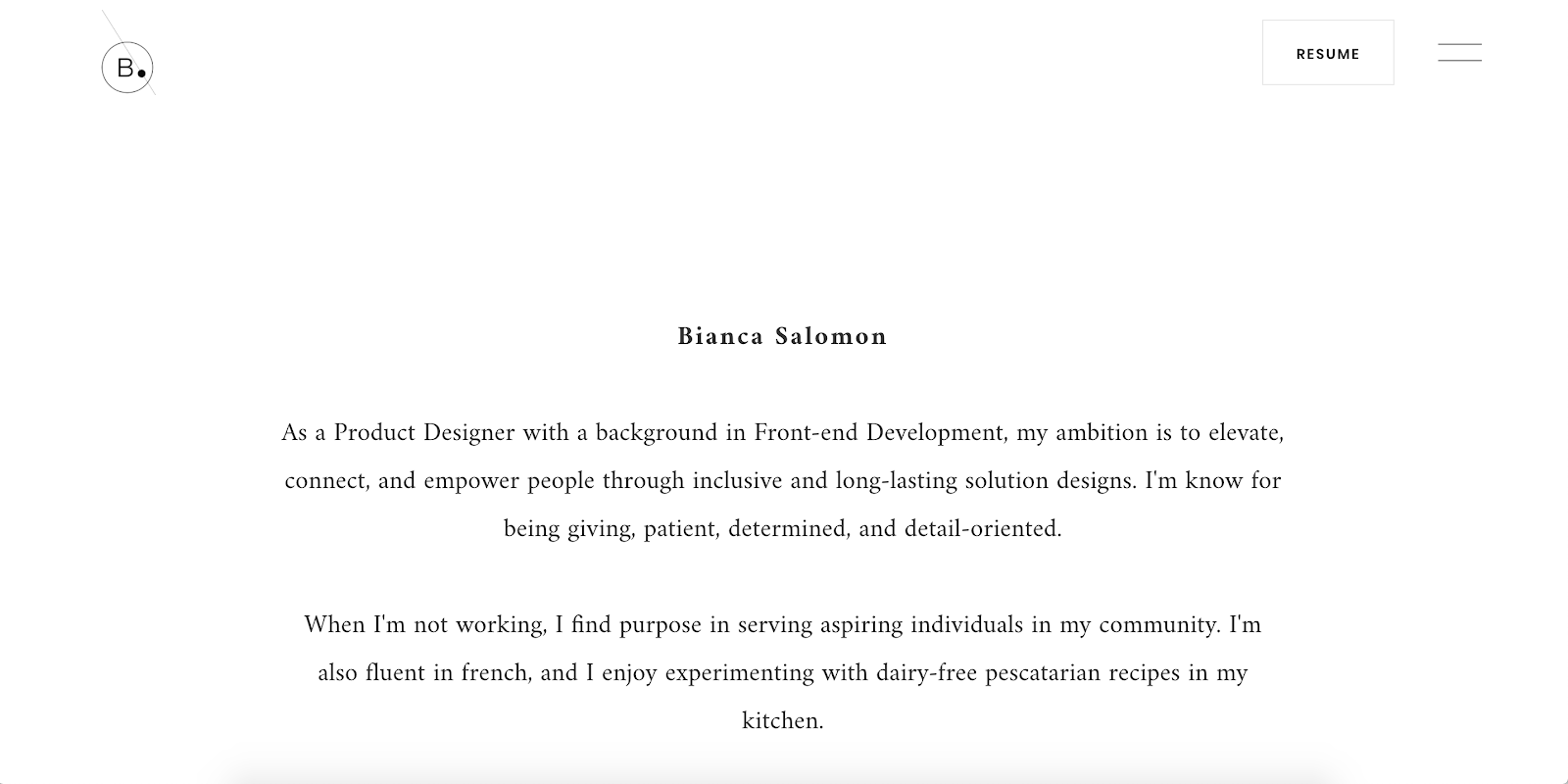 Screenshot of biancasalomon.com, Bianca Salomon's UX Design portfolio.