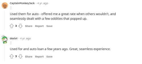 People responding to Reddit forum post discussing their experience using LightStream for auto loans