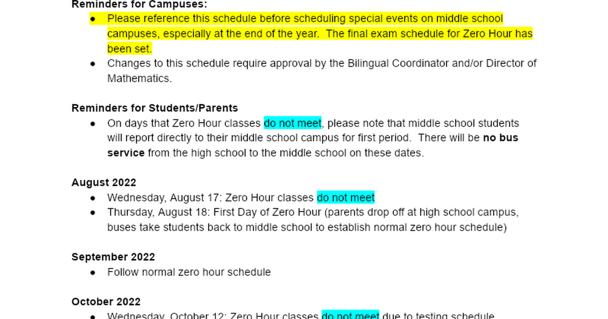 Zero Hour Scheduling Information 22-23