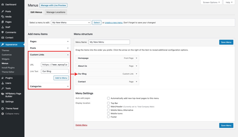 Adicionar link personalizado do menu WordPress - Painel