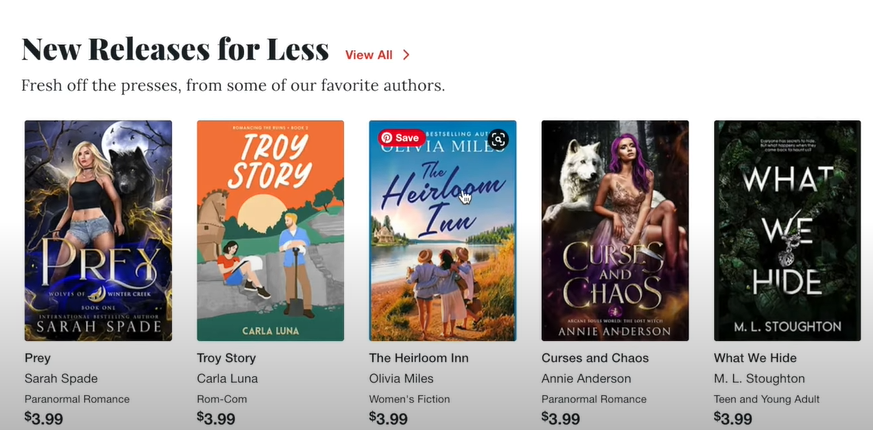 A screenshot of a Kindle screen featuring 'New Releases for Less'