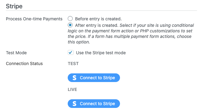 Click the Connect to Stripe button to connect Formidable and Stripe