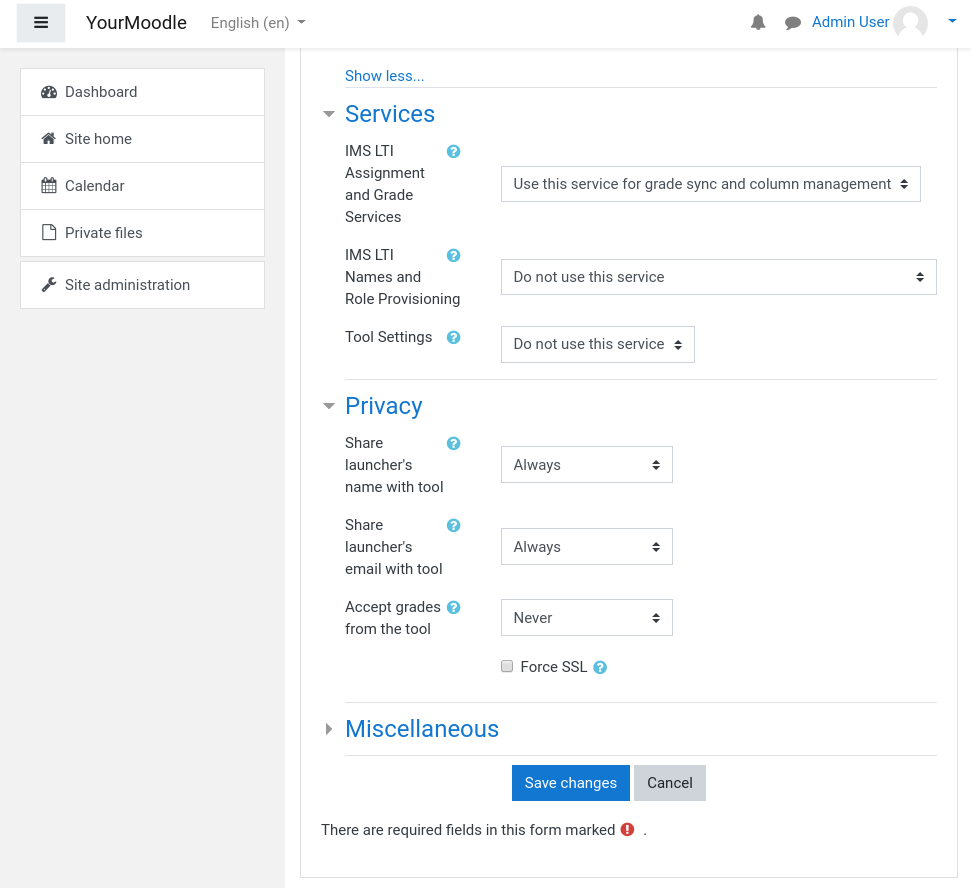 Services and Privacy section in Moodle