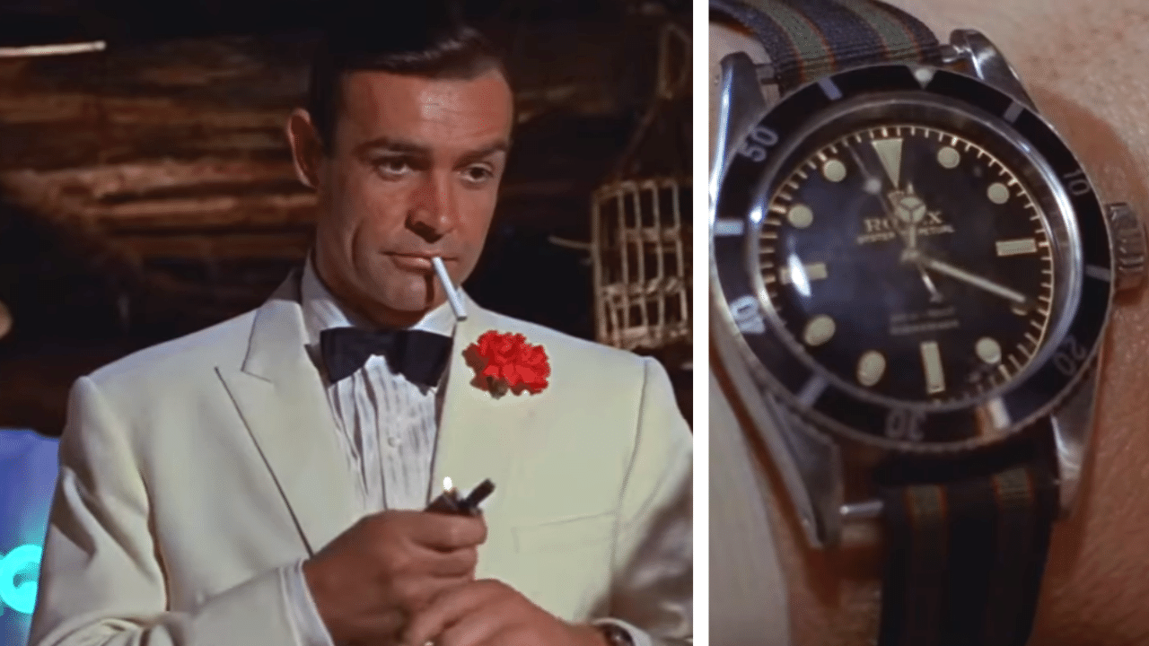 A photo of Sean Connery as James Bond in the film Goldfinger. Coupled with a close up photo of his wearing a Rolex Submariner.