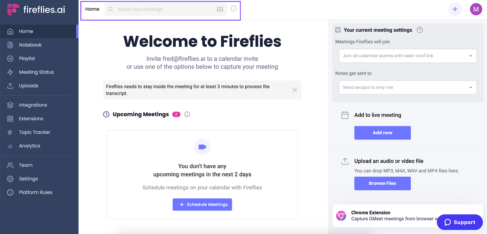 How to view your Google Meet history - Fireflies global search feature