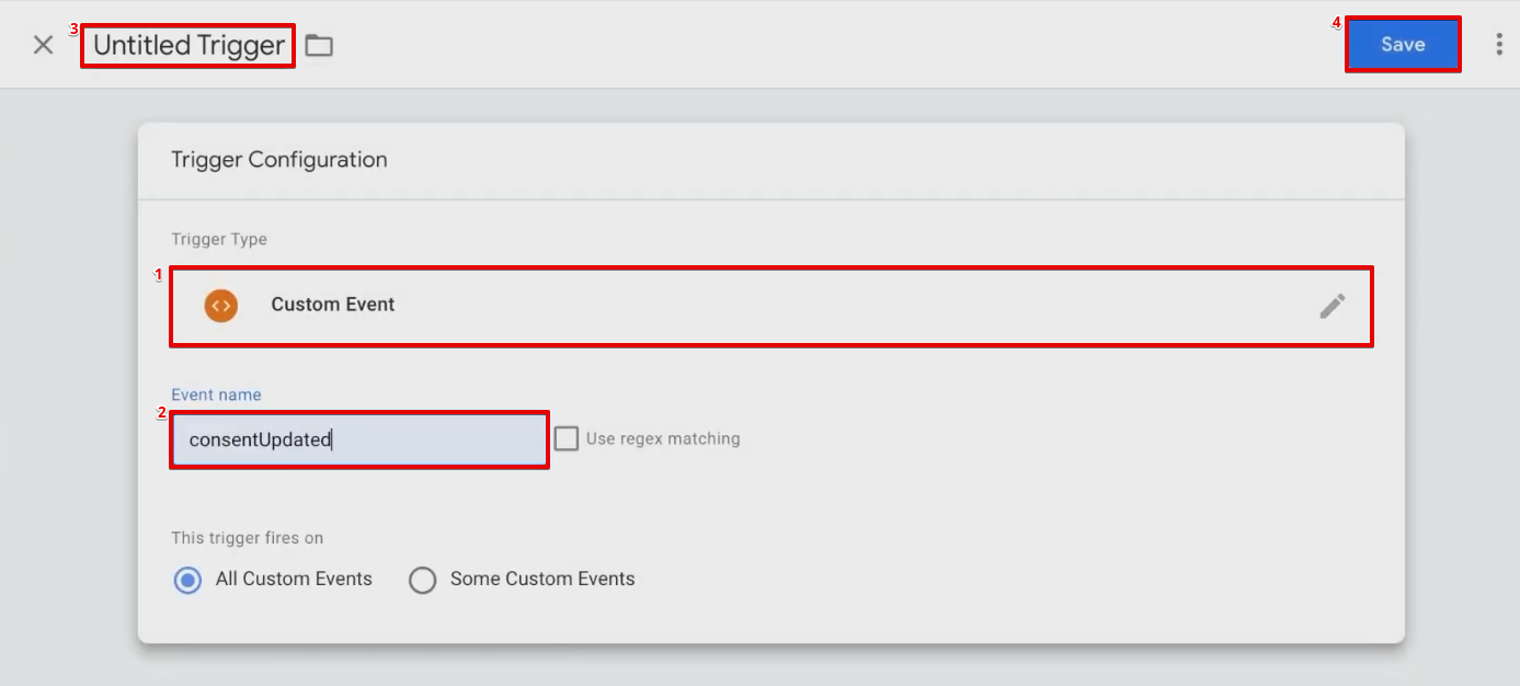 Configuring a custom event trigger with a consentUpdated event