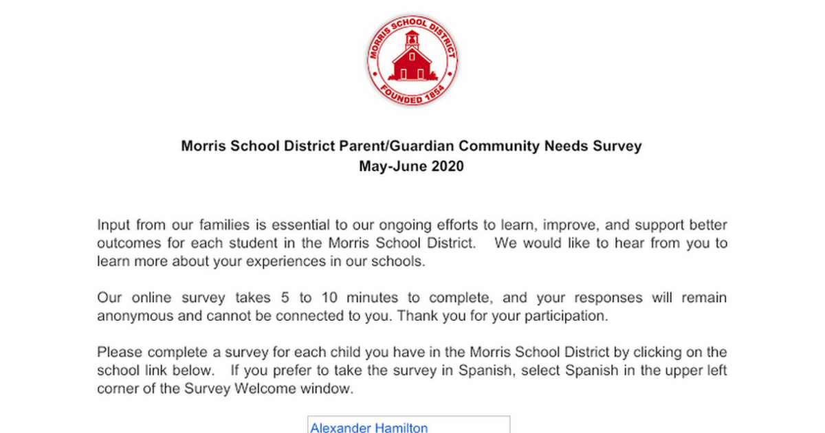 Morris School District Parent/Guardian Survey Links