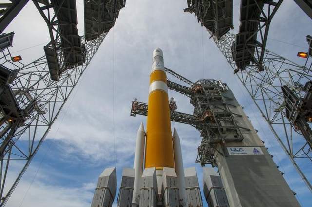 A Delta IV rocket carrying the first two satellites for the GSSAP program awaits launch on July 25.