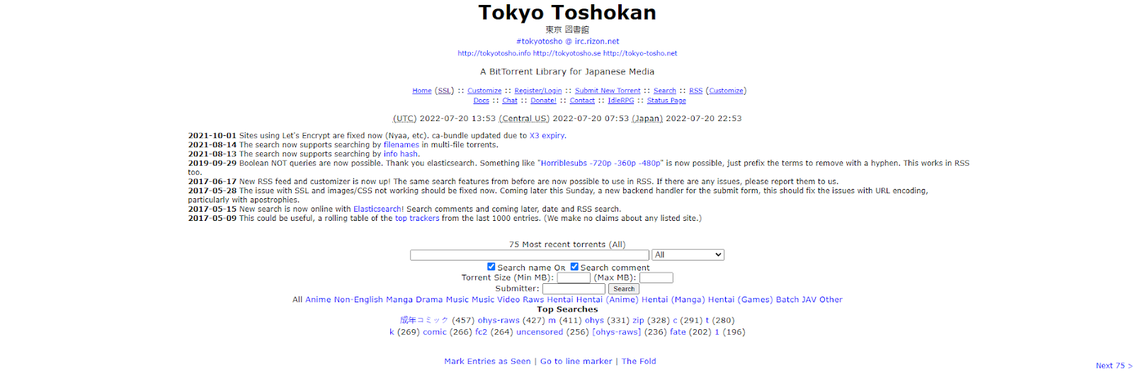 Tokyo Toshokan torrenting site page