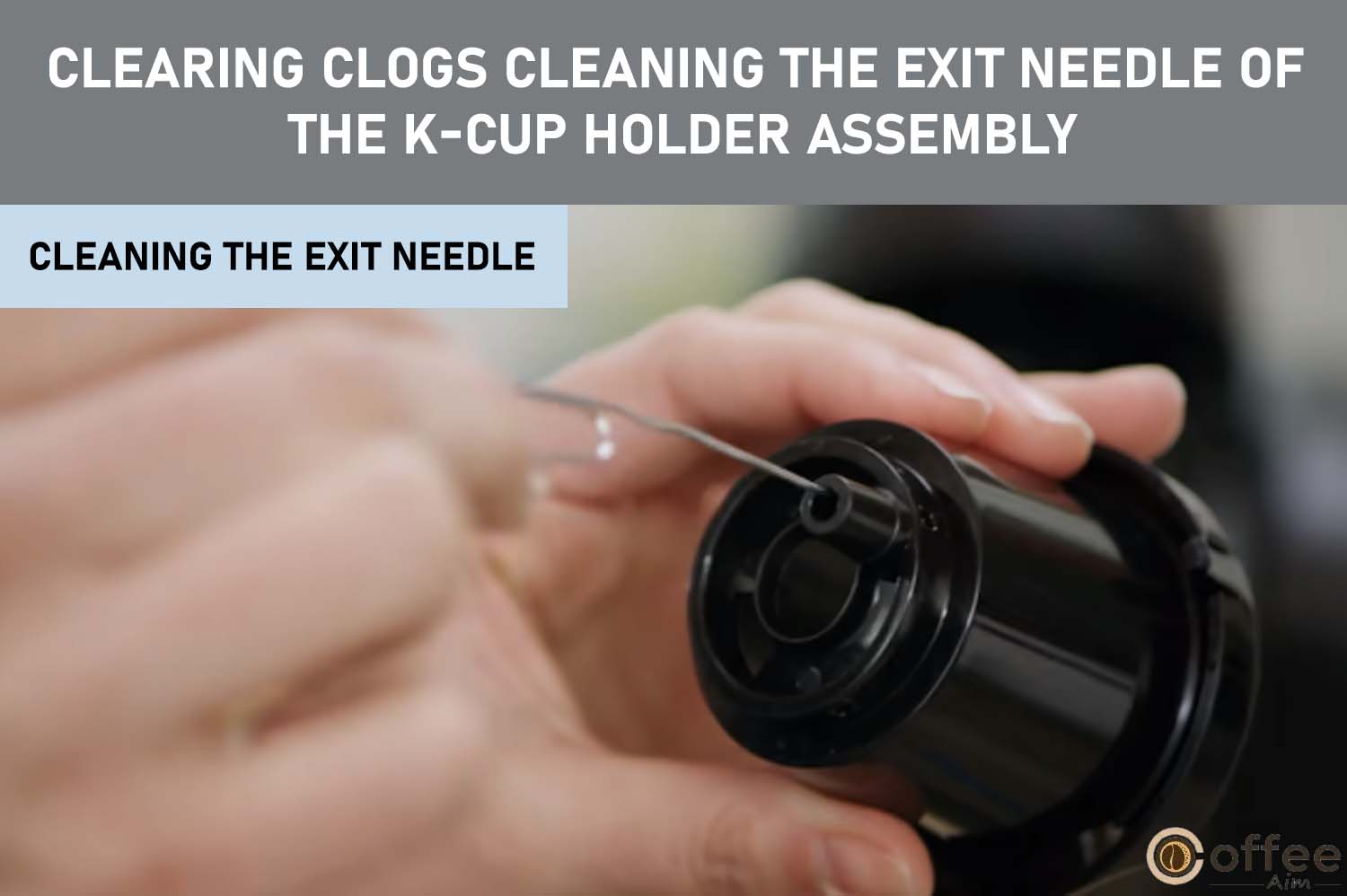 This illustrative image visually depicts the process of 'Cleaning the Exit Needle' as a vital step under the heading 'Clearing Clogs: Cleaning the Exit Needle of the K-Cup Holder Assembly' within the comprehensive article titled 'How to Use Keurig B-40.' The image effectively captures the meticulous procedure required to maintain and ensure smooth functionality, contributing to an enhanced brewing experience with your Keurig B-40 brewer.