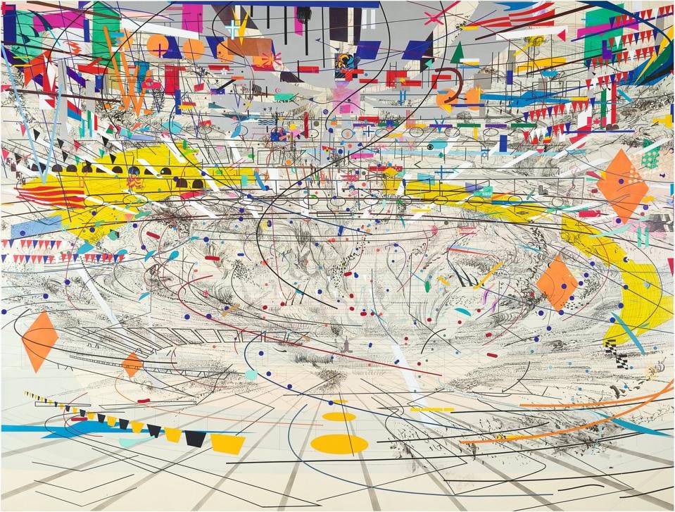 Julie Mehretu, Stadia II, 2004, ink and acrylic on canvas, 108 × 144 in., Carnegie Museum of Art, Pittsburgh, gift of Jeanne Greenberg Rohatyn and Nicolas Rohatyn and A. W. Mellon Acquisition Endowment Fund 2004.50. 